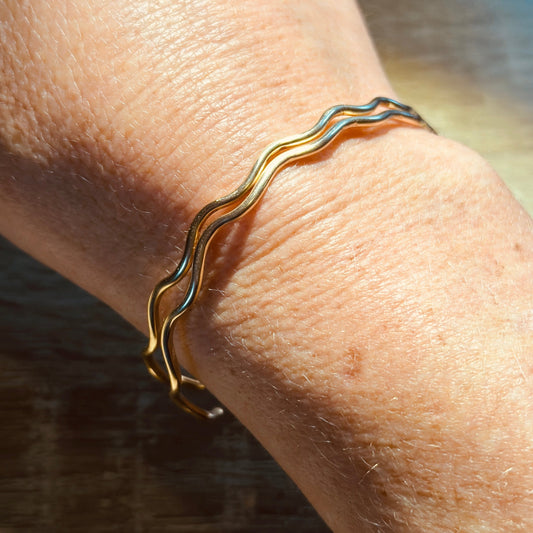 Gold filled wave cuff bracelet inspired by surf waves, handmade for landlocked surfers in Jackson Hole Wyoming