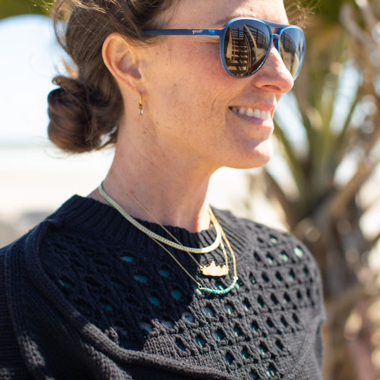 Woman wearing delicate apatite bar necklace at collarbone length, perfect for minimalist everyday style or layering