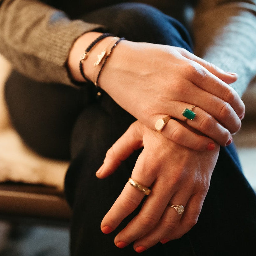 Gold vermeil Teton bracelet stacked with other bracelets