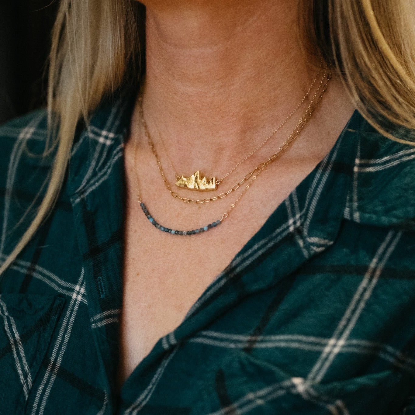 Apatite rondelle bar necklace layered under Teton Necklace-Large showing water-inspired depth and dimension