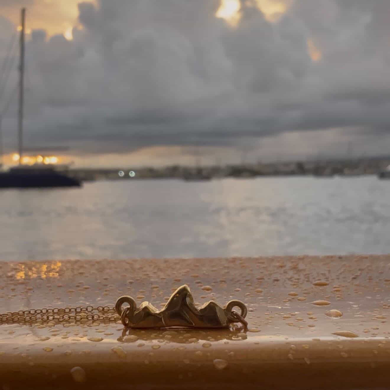Small teton necklace on a surface with the ocean in the background