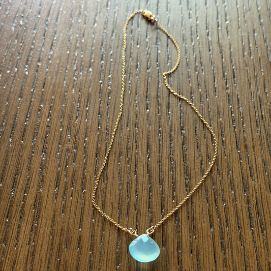 Blue chalcedony briolette necklace with 15-inch gold-filled chain and wire-wrapped teardrop stone