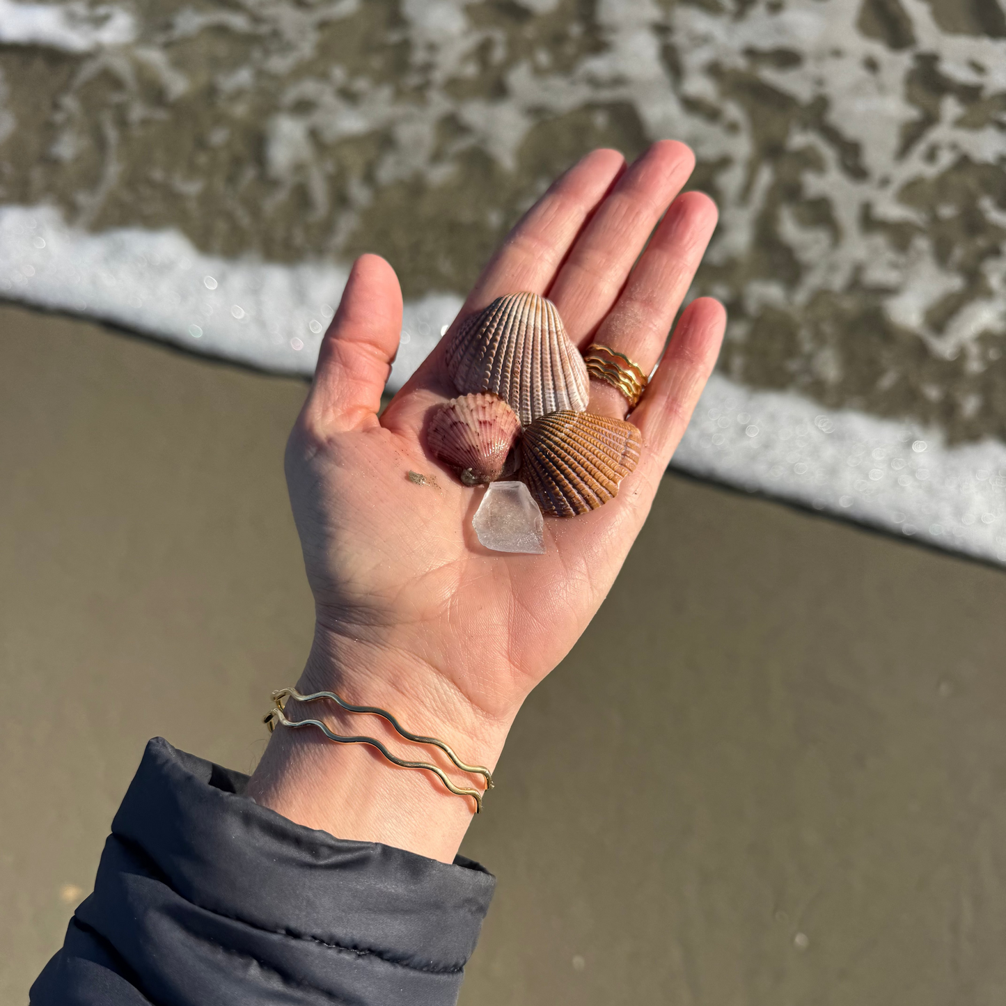 Hand wearing gold rings and bracelet holding seashells and a crystal on a beach with waves in the background