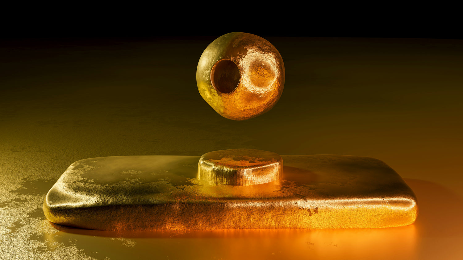 Gold ingot with a gold sphere levitating above it on a dark background
